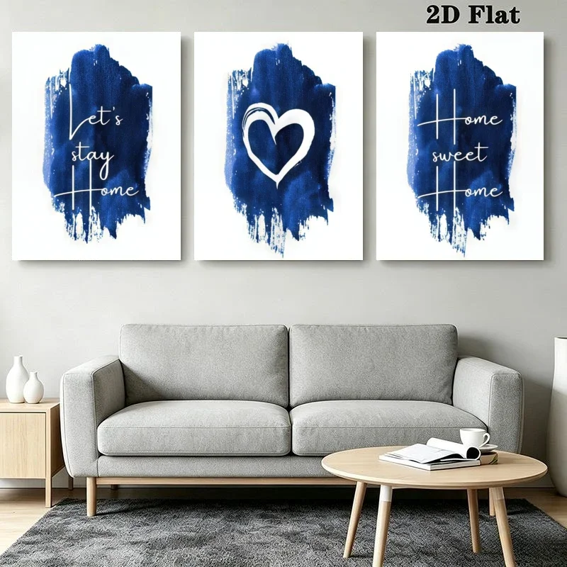 2D Flat, 3pcs Modern Boho Blue Watercolor Wall Art with 