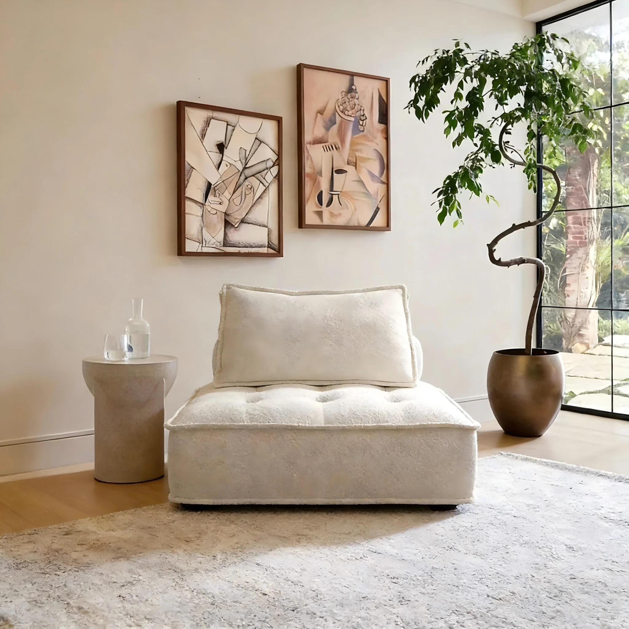 Beige Velvet Fabric Footless Single Sofa Light Luxury Cozy Style Living Room Sofas Small Space Adaptation Use Compressed Sofa