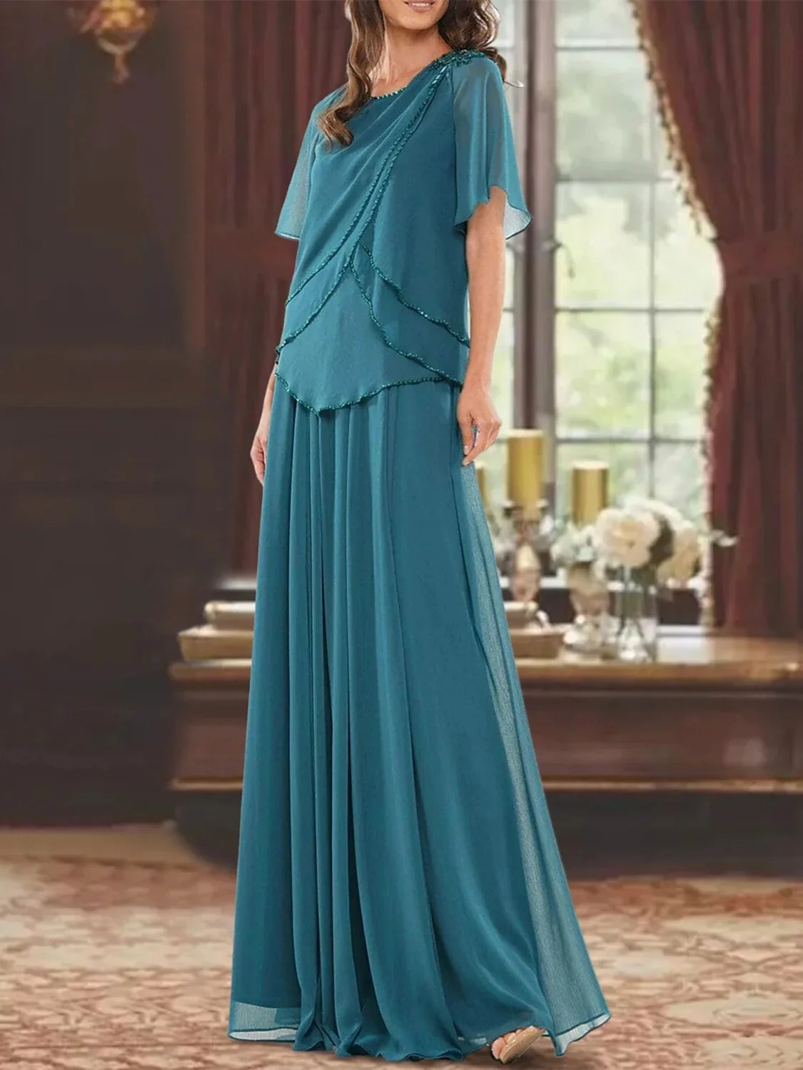 Kleid für die Brautmutter, formelle Hochzeitsgäste, elegant, mit Juwelenausschnitt, bodenlang, Chiffon, kurze Ärmel mit Perlenstickerei 2024