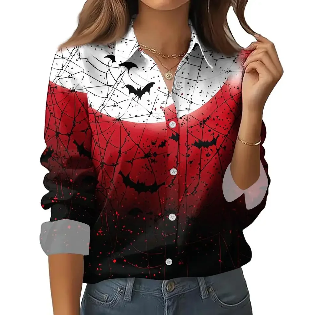 

Women's 3D Printed Bat Blood Night Polyester Long Sleeve Shirt Halloween Party Casual Daily Lapel Ladies Long Sleeve Shirt