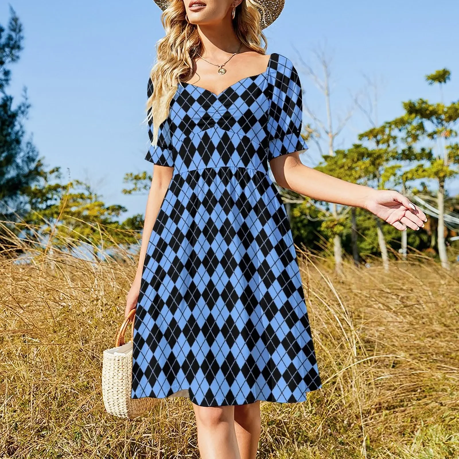 Carolina Blue/Black Argyle Short-Sleeved Dress ladies dresses for special occasions party dress women elegant luxury