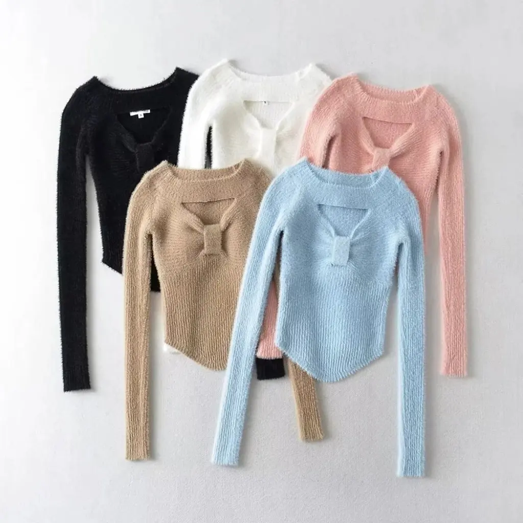 

Женский свитер с открытыми плечами из искусственного норкового бархата с длинными рукавами, осень-зима, сексуальный завязанный дизайн на груди, модный американский топ INS