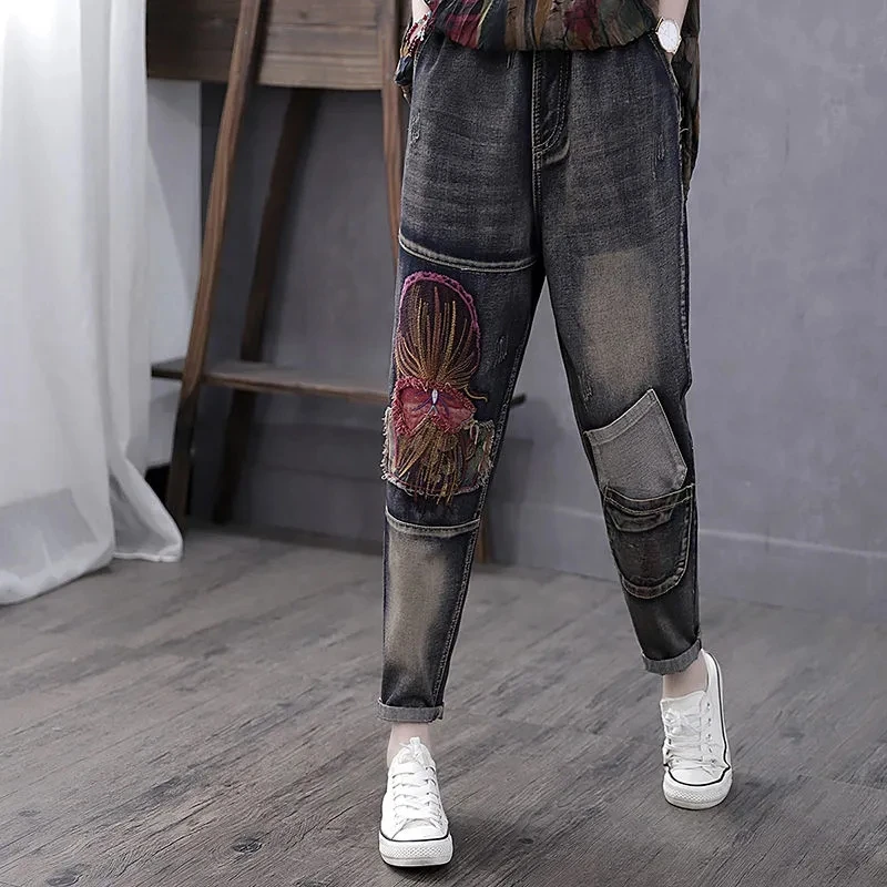 Hàn Quốc Cổ Thanh Lịch Dạo Phố Nữ Hậu Cung Của Quần Denim Thêu Dễ Thương Spliced Thiết Kế Sang Trọng Size Lớn 4XL 5XL Deisgn Quần Jean