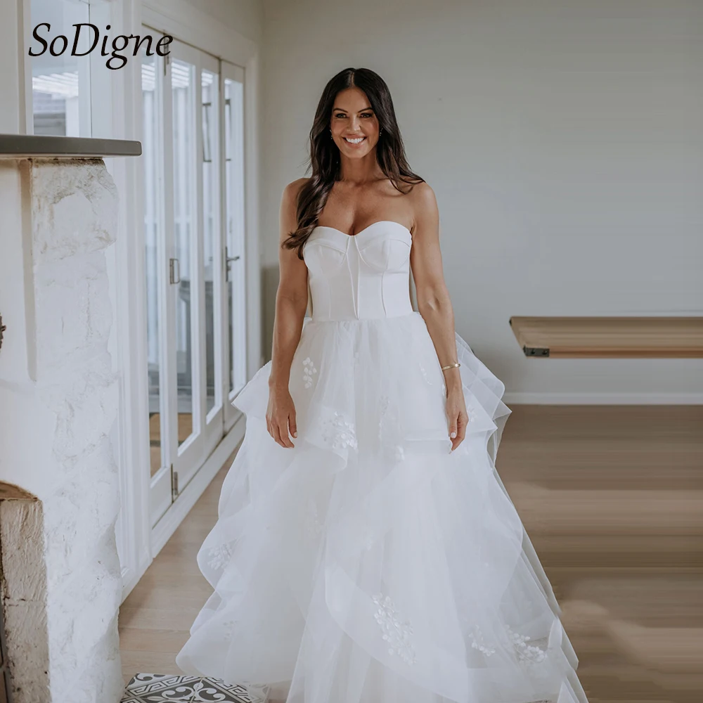 SoDigne-vestido de novia largo de tul, traje sin mangas con volantes, escote Corazón, 2024