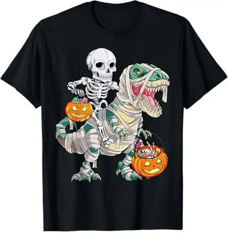 Skeleton Riding Mummy Dinosaur T rex Halloween Funny Pumpkin T-Shirt