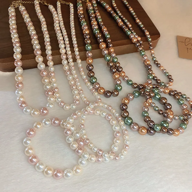 Vintage Mixed Color Pearl Necklace Bracelet Set 2024 New Luxury Style Necklace Fashion Necklace Accessories Wedding Jewelry Set