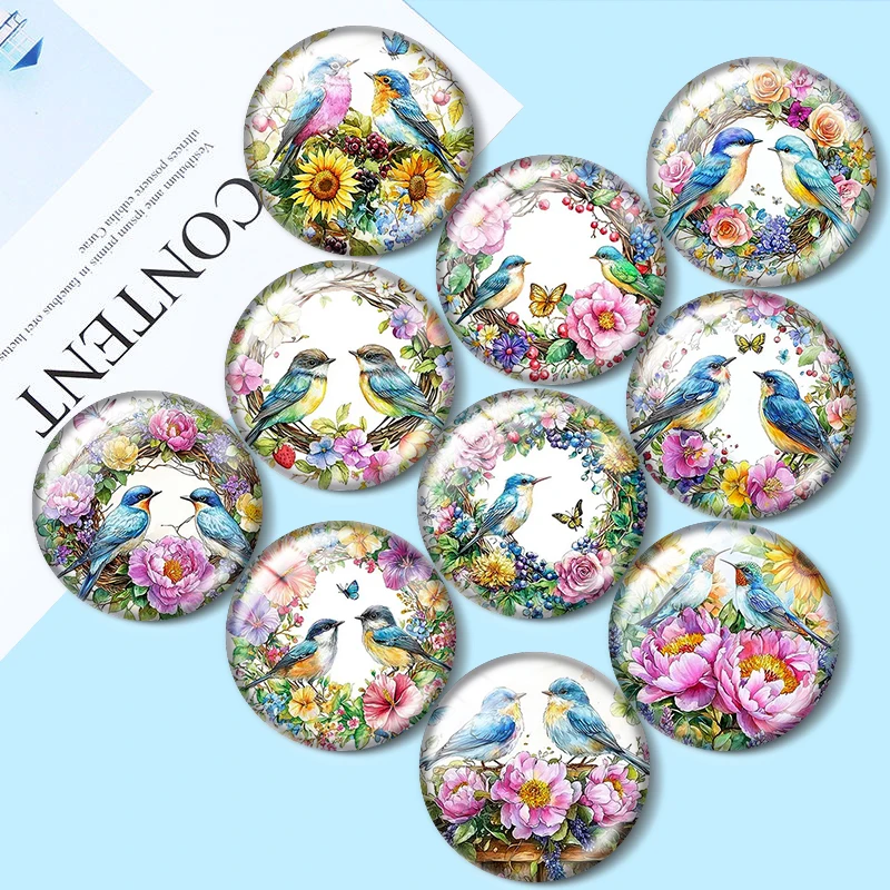 Watercolor Wreath with Birds 12/18/20/25mm glass cabochon  bracelet pendant rings for jewelry demo earrings back Making findings