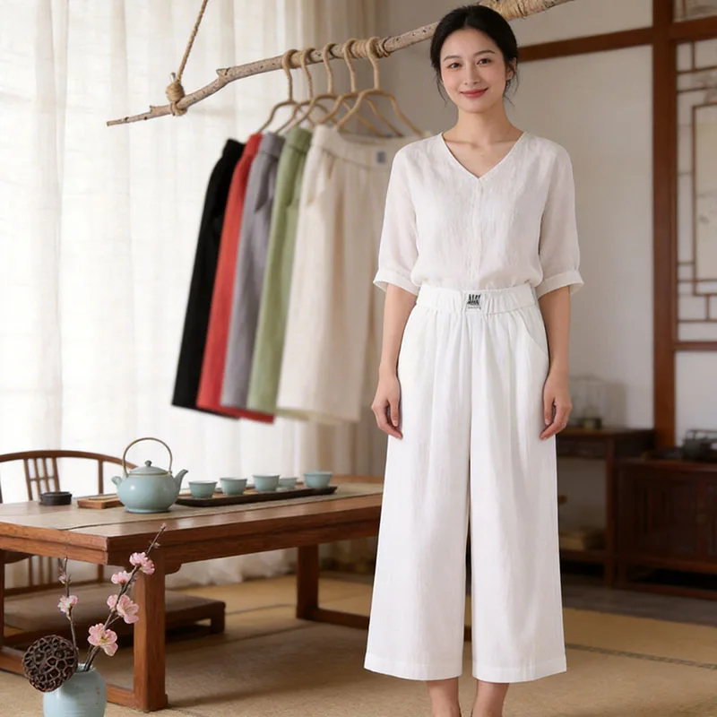 Summer Loose Casual Pants Women Comfortable Breathable Elastic Waist Wide Leg Trousers Solid Color All-match Cotton Linen Pants