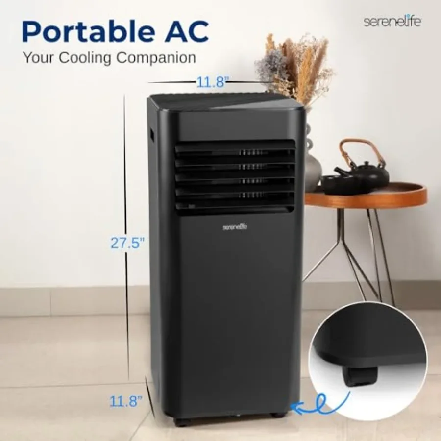 Portable air conditioner for bedroom office home use, black ABS plastic housing, 8000 BTU cooling capacity with dehumidifier an