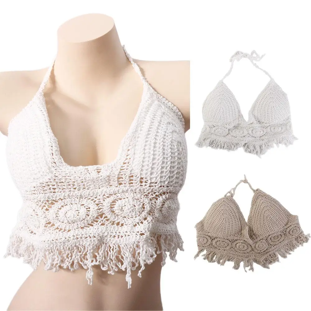 Bohemia Women Tassel Camisole Bikinis Knitted Crochet Swimsuit Women Swimwear Brazilian Summer Solid Bathing Suit Beachwear