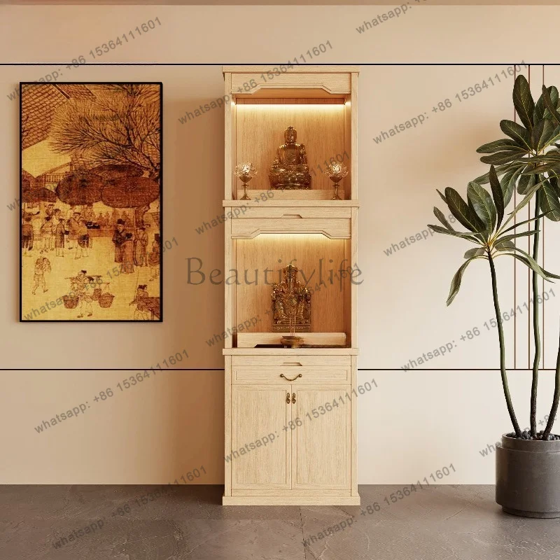 YJ Song Aesthetic Solid Wood Standing Shrine Cabinet Double Layer Home Altar Cabinet God of Wealth Landlord Worship Furniture