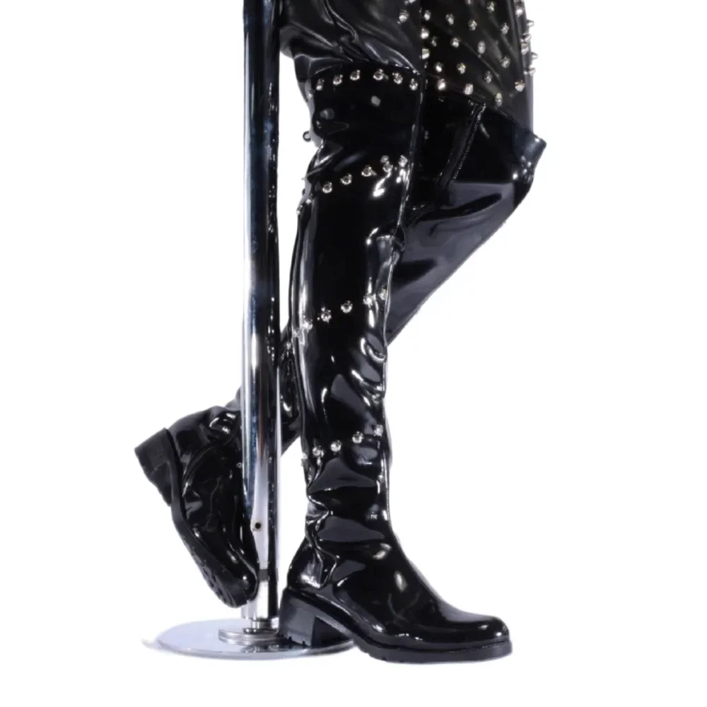 Men's Patent Leather Stage Perform Rivet Over-the-Knee Boots Buckle Thick Heel Round Toe Western Cowboy Boots Dress Party Zip Up