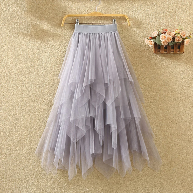 Gonne in tulle irregolari da donna Moda elastica a vita alta Gonna tutu in rete Gonne lunghe a pieghe Gonna longuette Saias Faldas Jupe Femmle