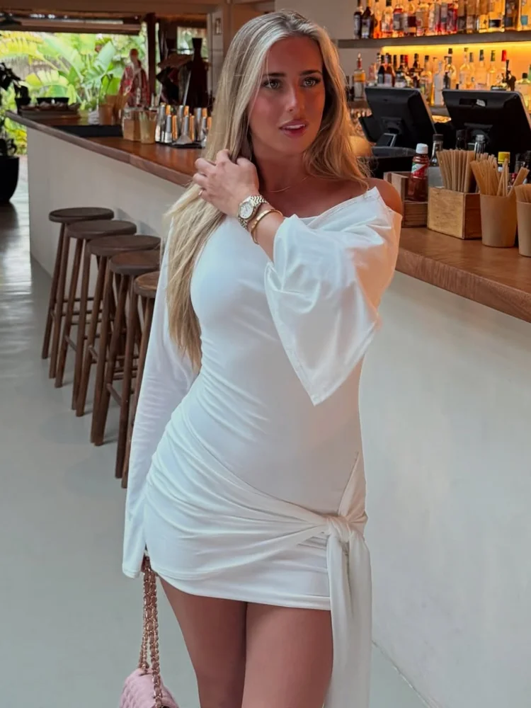 Solid Off Shoulder Bodycon Dress Women Fashion Waist Cinched Lace Up Slim Mini Skirt 2025 NEW Party Club Sexy Lady Dresses