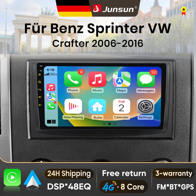 Autoradio Android 15 9 pouces Junsun pour Benz Sprinter Volkswagen Crafter 2006-2016, sans fil, compatible Apple CarPlay, écran IPS, lecteur multimédia vidéo, système intelligent automobile, autoradio 2 Din, navigation GPS, BT 4G WIFI FM AM DSP RDS