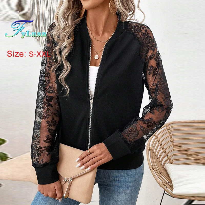

2025 Spring New Women's Jacket Elegant Hollow Out Lace Splicing Baseball Collar Long Sleeve Casual Coat Fashion Black Short Tops