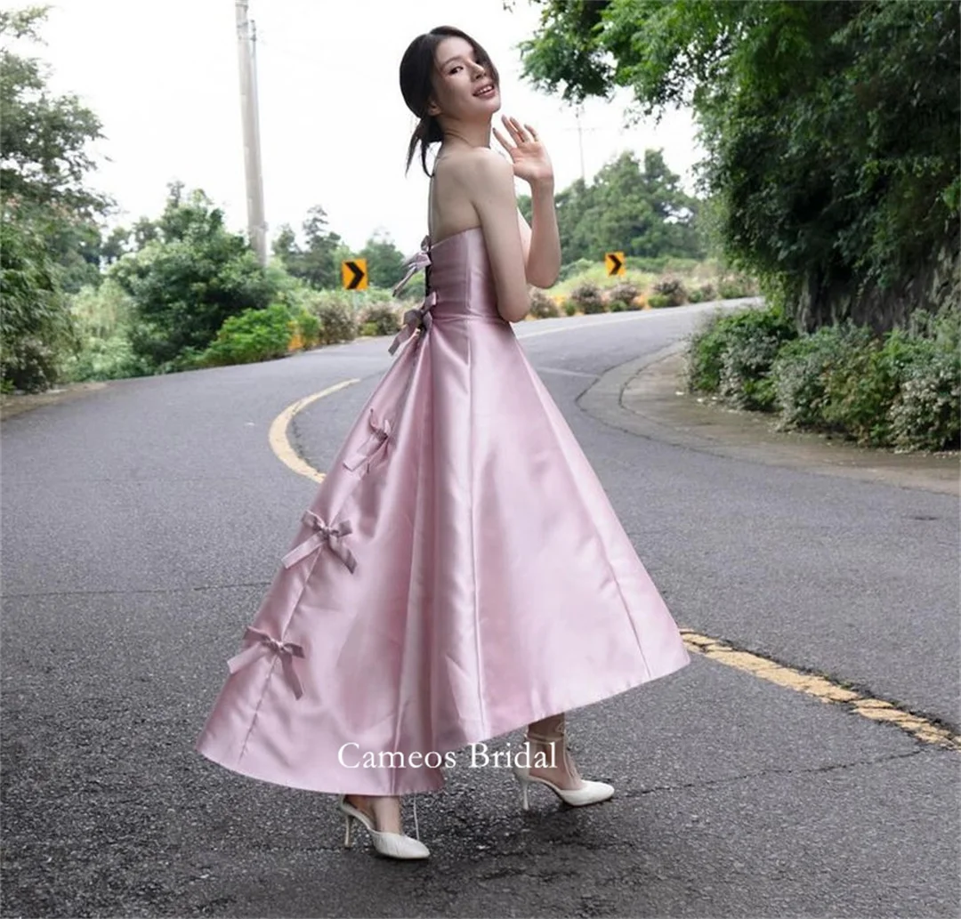 SONDR Strapless Birthday Korea Evening Dress Customized Satin Hi-lo Formal Prom Dress Simple A-Line Pink Evening Gown Bridal