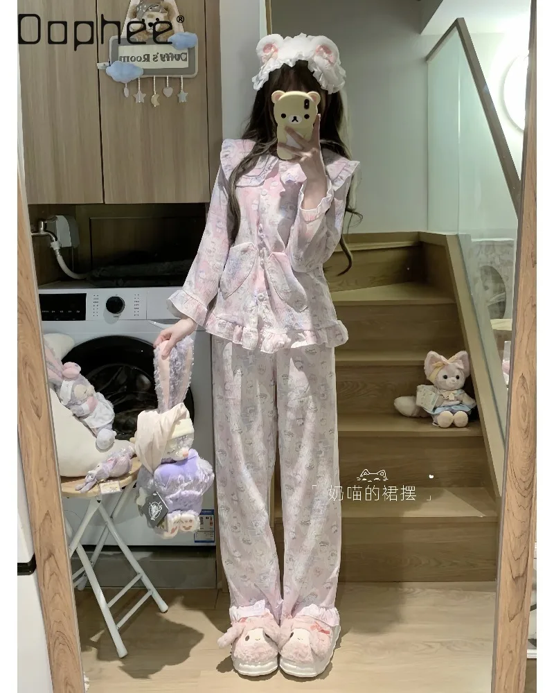Japanese Sweet Girl Cartoon Printed Pajamas Set Ruffle Edge Doll Collar Short-sleeved Shorts Two-piece Set Loose Women Homewear