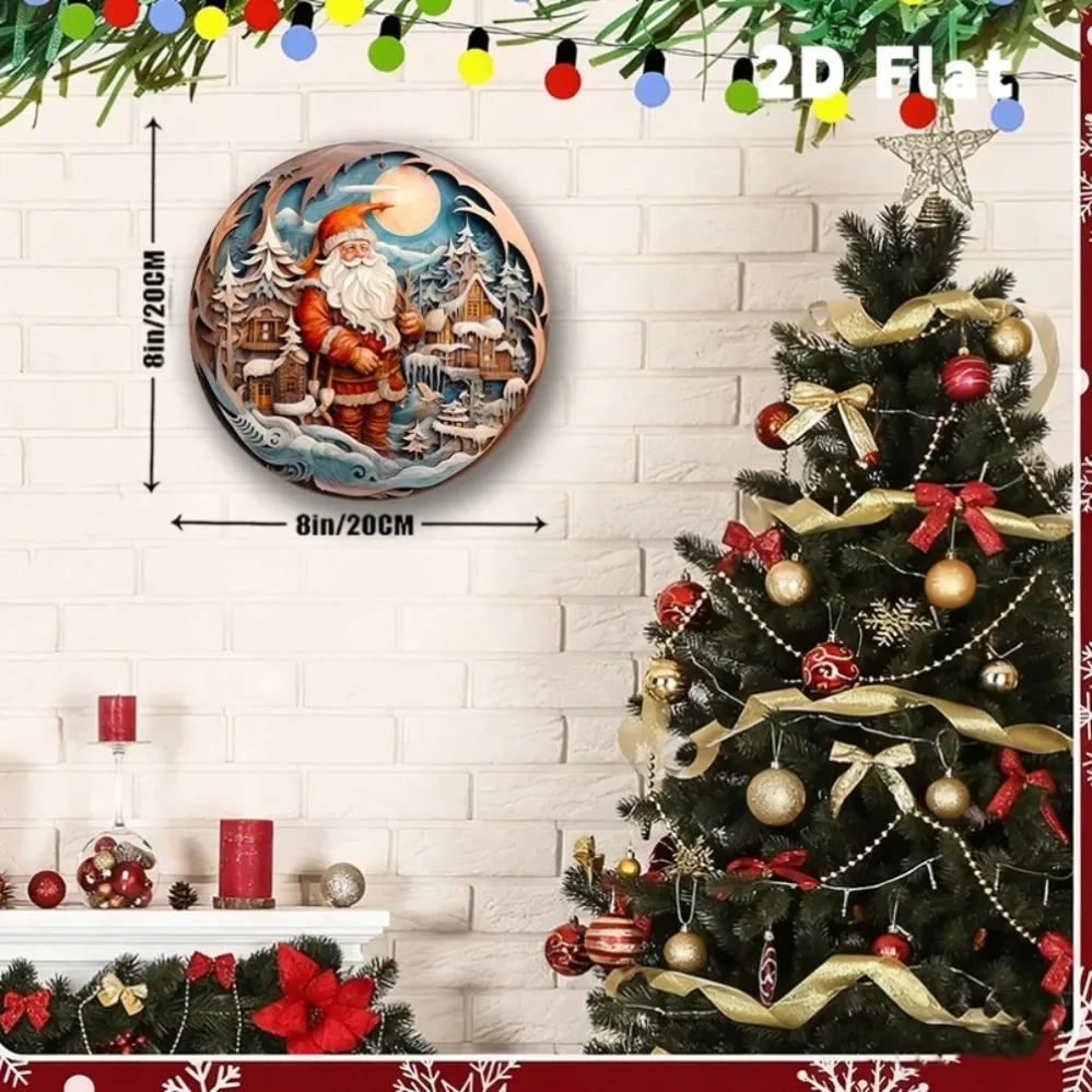 Fantesi 1 قطعة إكليل عيد الميلاد علامة معدنية مستديرة جدار ديكور سانتا الشتاء المشهد شنقا زخرفة #4