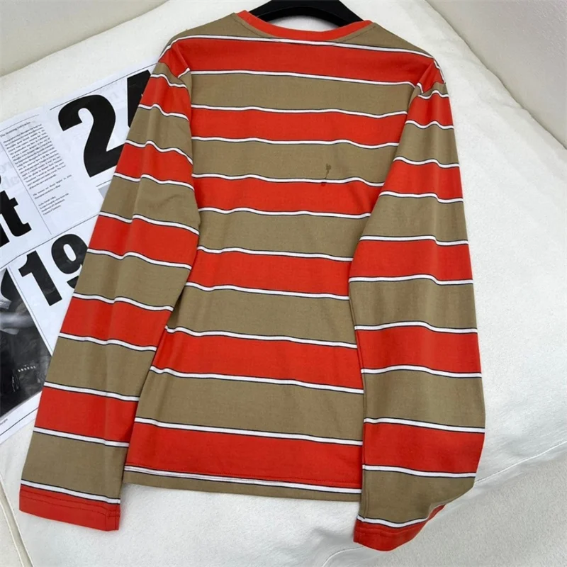 Early Autumn T-shirt Top Women Clothes M231199 Oversized Shirt Letter Sticker Contrasting Stripes Casual Round Neck Long Sleeve