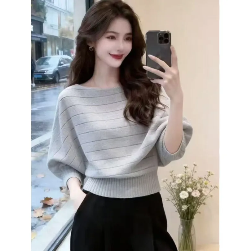 Spring Autumn New Style Women's Knitted Batwing Sleeve Top Slimming Belly Cover Light Maturity Fashion Long Sleeve Sweater