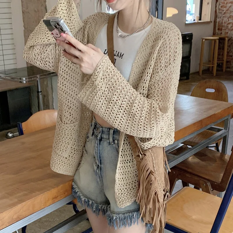 

Hollow-out Sunscreen Knitwear Women's Summer Thin Cardigan Blouse 2024 Spring Sling Top Loose Lazy Style Jacket