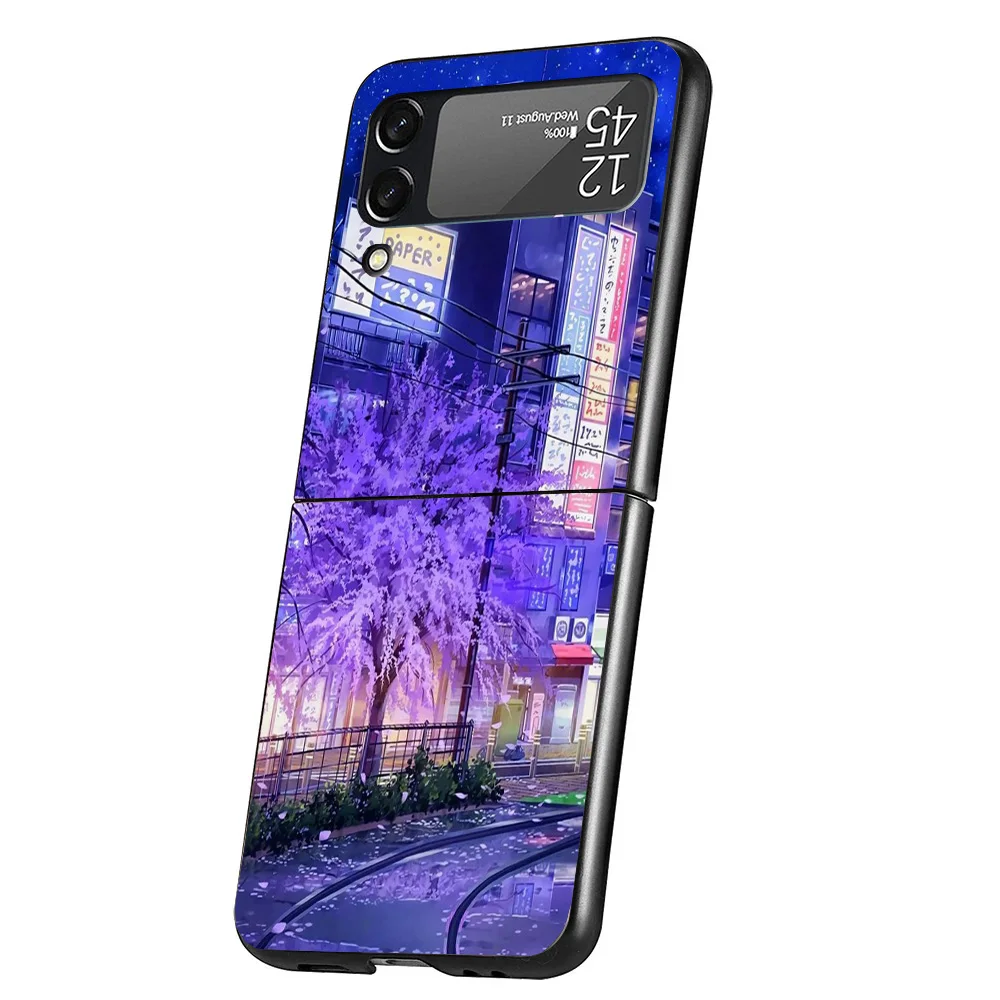 Funda de teléfono con paisaje estético de Anime, carcasa dura negra para Samsung Galaxy Z Flip 6 5 4 3 5G Flip6 Flip5 Flip4 Flip3