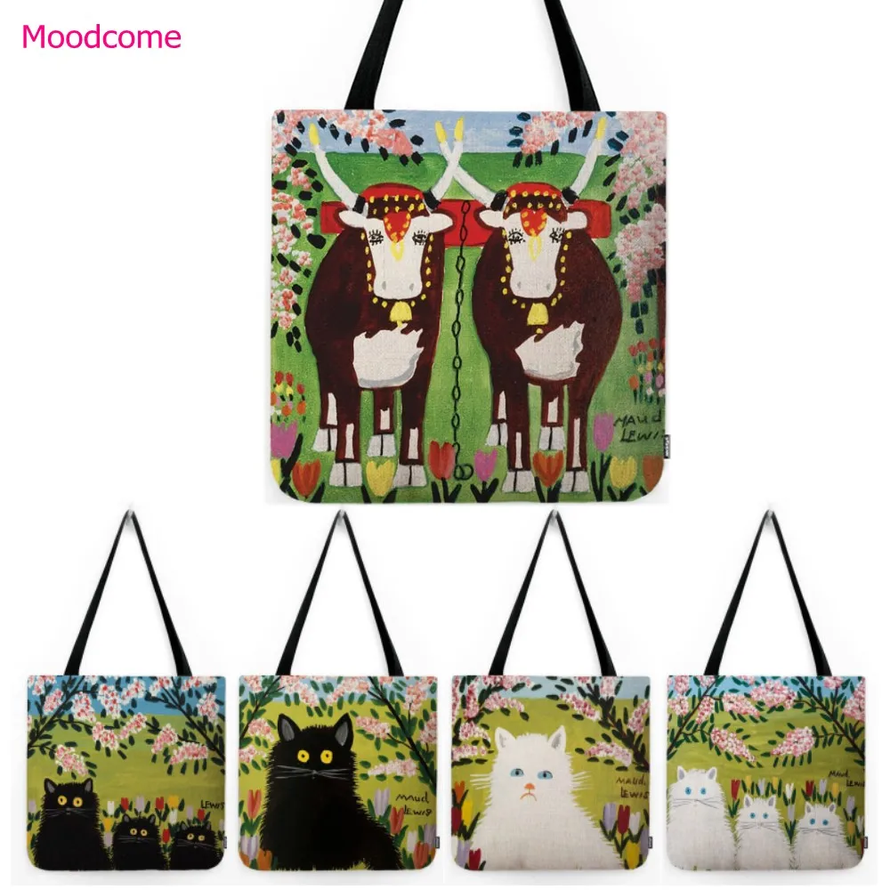 Maud Lewis Canadian Female Artist Black White Cat Country Scenery Oil Painting Cotton Linen Grocery Tote Bag Canvas Shoulder Bag