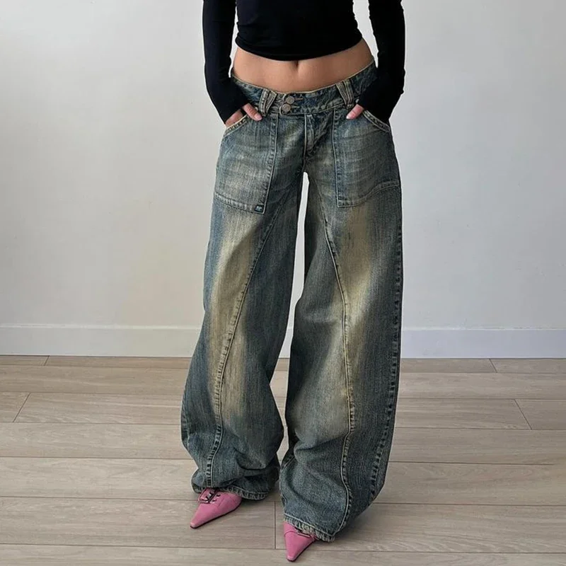 Grunge 2000s Low Rise Loose Denim Pants Vintage Street Style Oversized Jeans y2k Aesthetic Korean Fashion Mom Jeans Lady