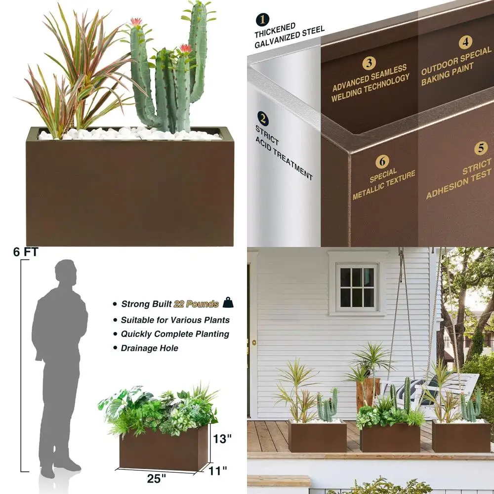 

Espresso-Colored Large Metal Planter Box, Outdoor/Indoor Use, 25x11x13 Inches, 22 Pounds