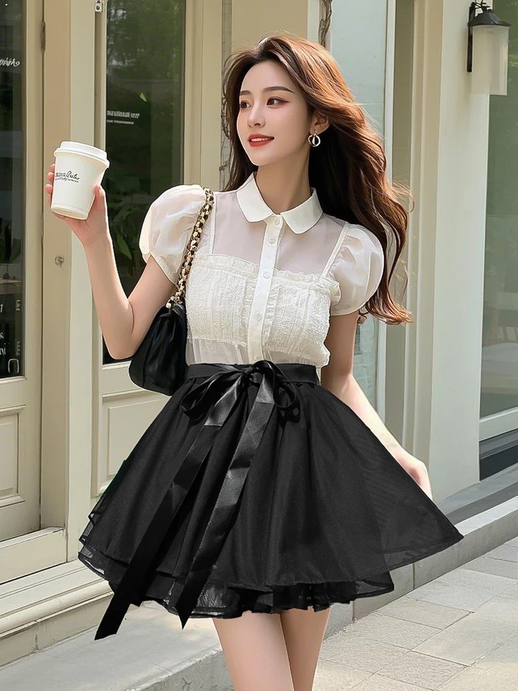 Ballet Girl Mesh Ribbon Puffy Skirt for Women Spring Summer Cool Slimming Anti-Exposure Short Skirt