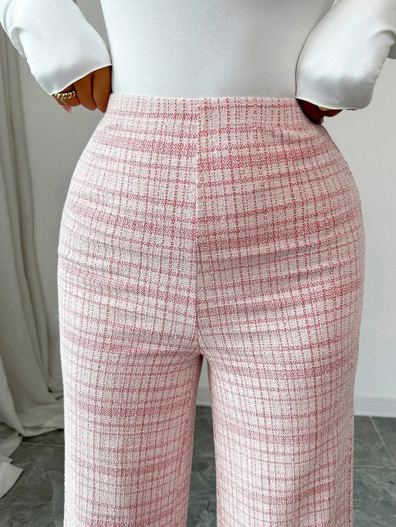 Calças de pernas largas de cintura alta de tweed elástico xadrez rosa para mulheres, roupas casuais de escritório de outono