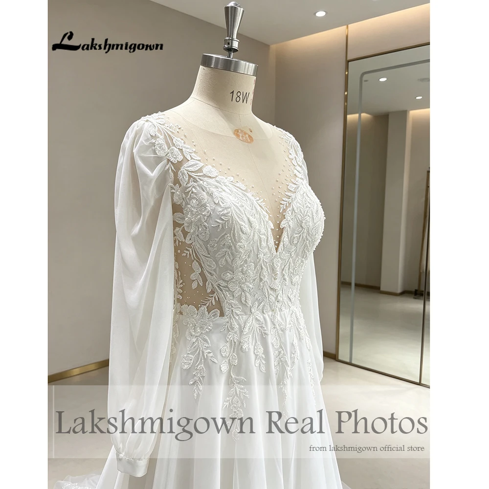 Lakshmigown Puffy Boho Langarm-Hochzeitskleider 2027 Echte Fotos Neu in Civil Perlen Spitze Strand-Brautkleider Maßanfertigung – Detail 8