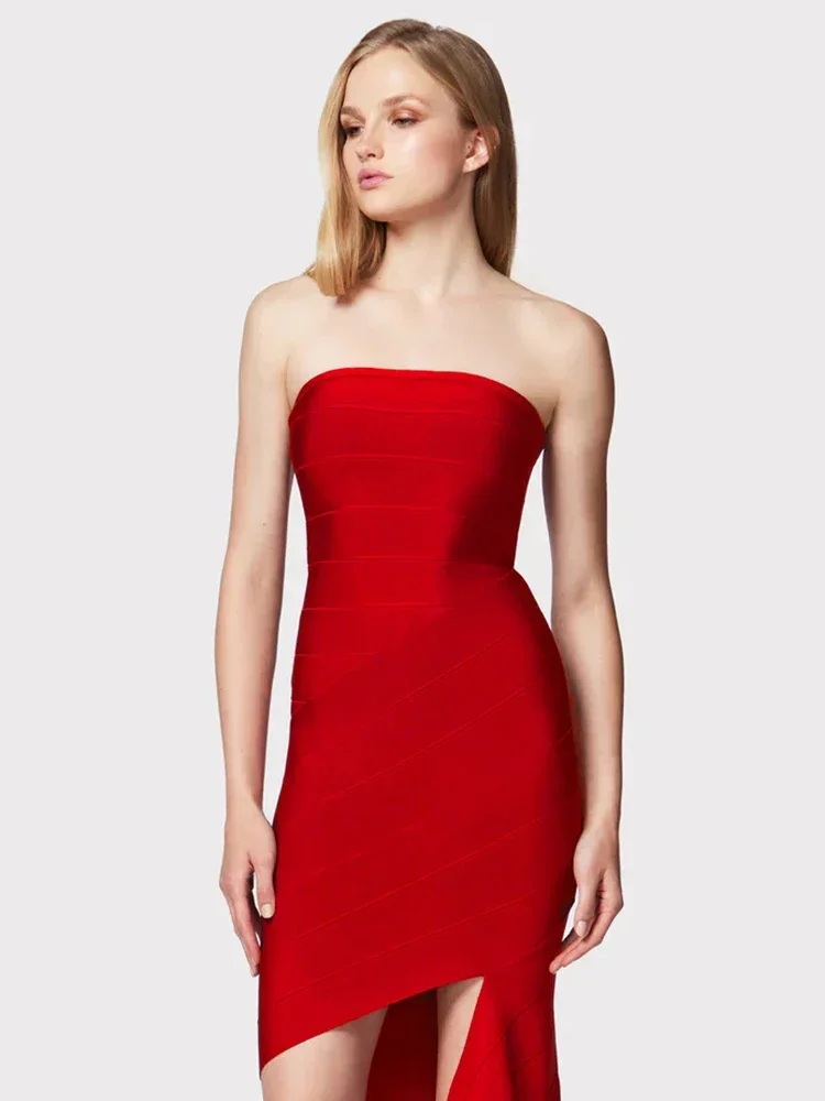 

JONN Sexy Strapless Irregular Draped Bandage Dress Women Red Sleeveless Backless Asymmetric Bodycon Dress Celebrity Party Dress