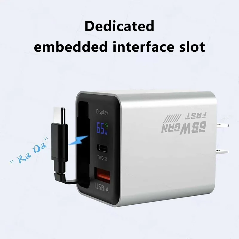 65W Digital Display Charger Multi-Port Charging Adapter US UK Plug Styles Retractable Cord GaN Fast Charger For Apple Devices