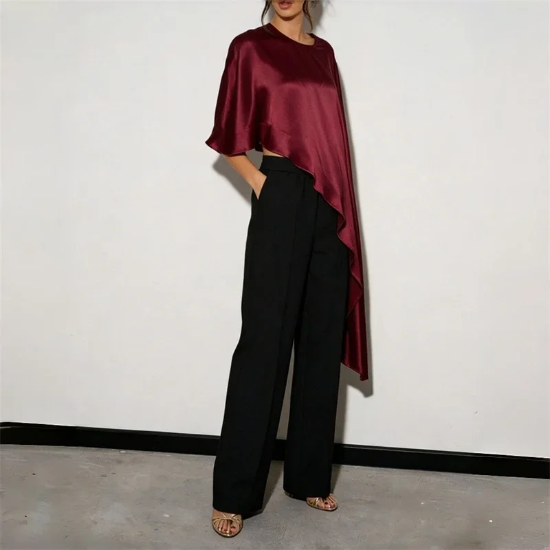 

Women Luxury Satin Cape Blouse Asymmetric Hem Short Sleeve Elegant Burgundy Loose Top For Evening Party Office 150CM