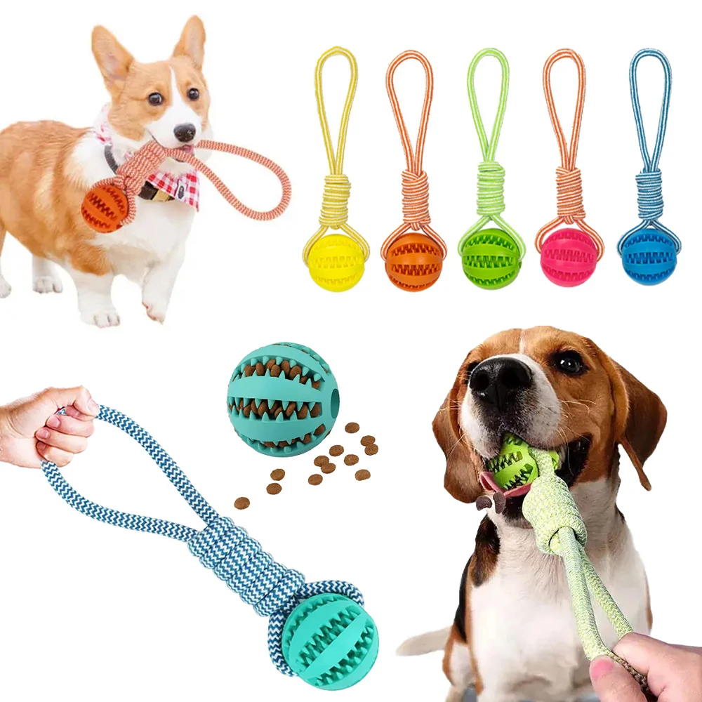 Dog Ball Toy with Rope Interactive Leaking Balls for Small Large Dogs Bite Resistant Chew Toys Puppy Training Pet Accessories