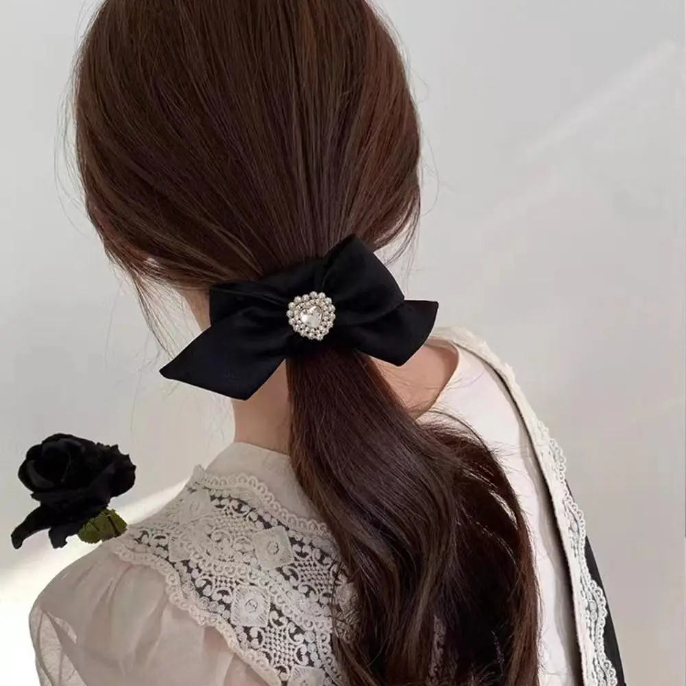 Elegant Rhinestones Bowtie Hair Scrunchies Lolita Solid Color Bowtie Hair Rope Hair Band Hair Accessories Ribbon Hair Rope Party