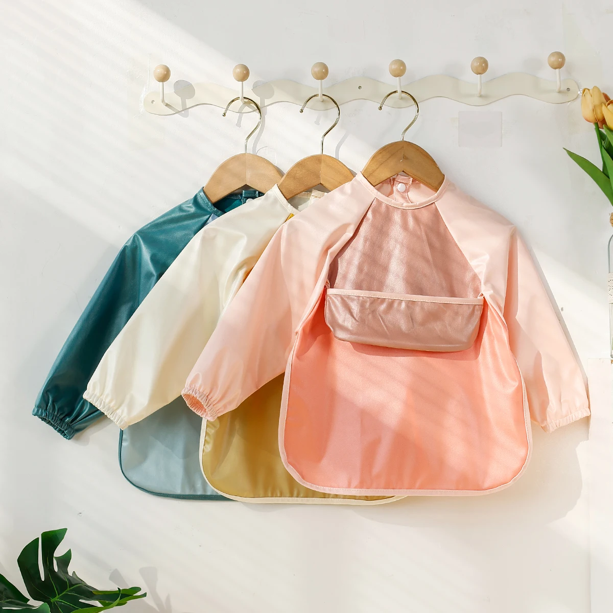 

Happyflute Toddler Bib 1Pc Polyester Long Sleeve Adjustable Big Pocket Easy On Off Reusable Washable 1-3Y Feeding Painting Apron