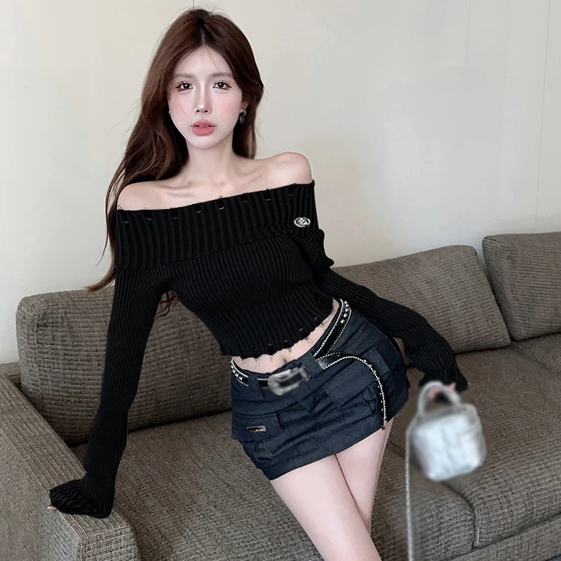 Spring Autumn Pullover Women\'s Sweater Off Shoulder Solid Colour Hole fashion Slim Sexy Knitted Long Sleeves Sweater