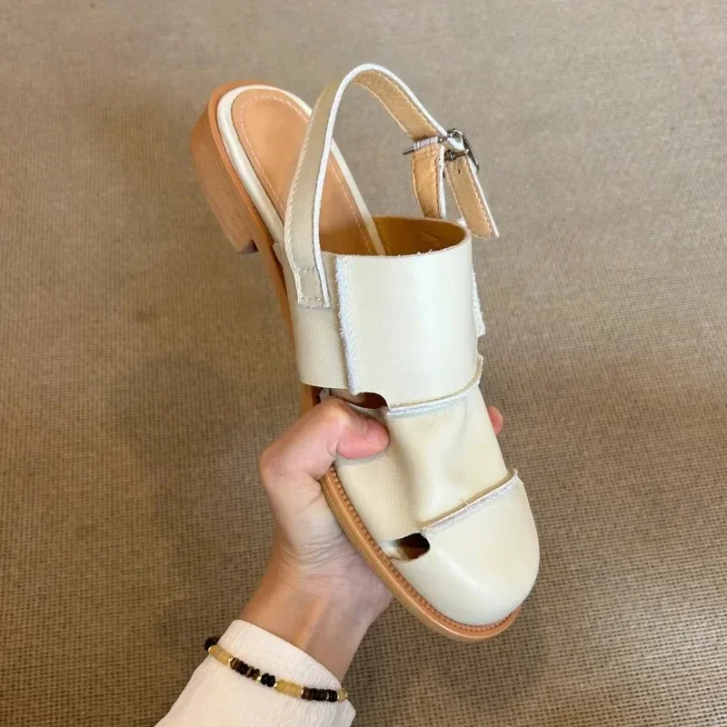 2024 sandali greche in morbida pelle donna Retro Round Closed Toe Slingback Shoes Summer Cut-Out Buckle Strap Flat Zapatos