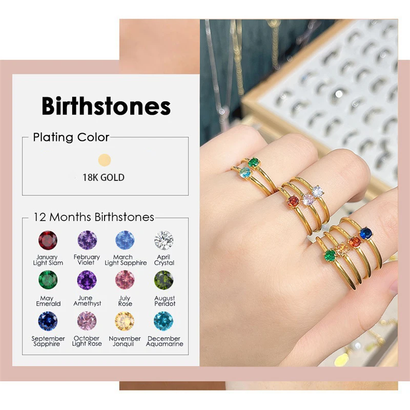 

Stainless Steel Birthstone Rings for Women 18K Gold Plated Simple Style 12 Months Constellation CZ Rings Jewelry Birthday Gifts