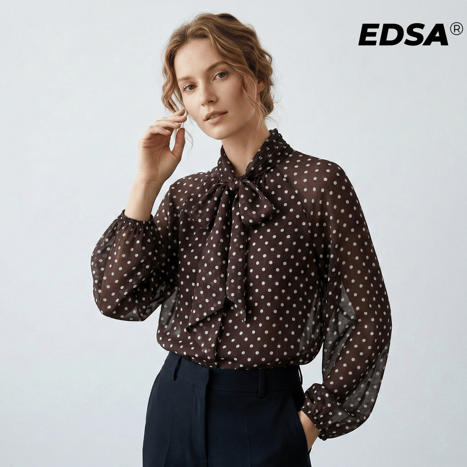  EDSA Women's Polka Dot Chiffon Blouse with Bow Tie Neck Long Sleeve Elegant Loose Fit Shirt for Office & Casual Wear 