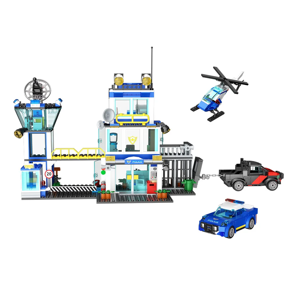 

Gobricks MOC городской полицейский участок, набор строительных блоков, вертолетные грузовики, автомобиль, автобус, спецназ, полицейский, кирпичи, развивающие игрушки, подарок