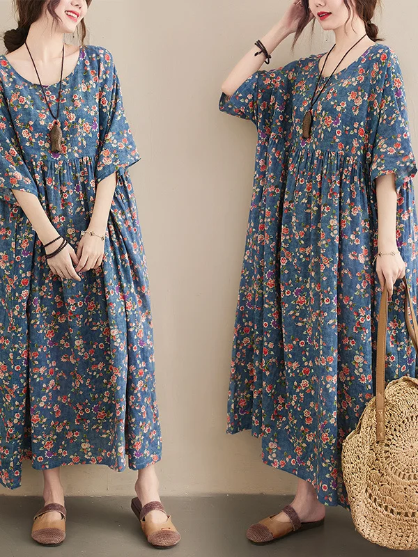 플러스 사이즈 여름 빈티지 프린트 드레스 루즈핏 배 가리는 롱 커뮤트 아트 스타일 레귤러 소재 캐주얼 드레스