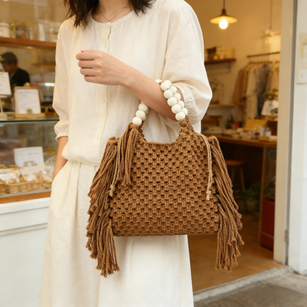 

Новая богемная вязаная сумка-тоут 2026 года с бахромой, ручной работы, из канваса, на шнурке, с внутренним отделением, большая вместимость, для отпуска и пляжа