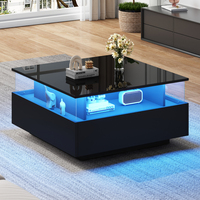 ​​70cm Square LED Coffee Table with and transparent display area - 2 Drawer Storage, High Gloss Finish for Living Room​​