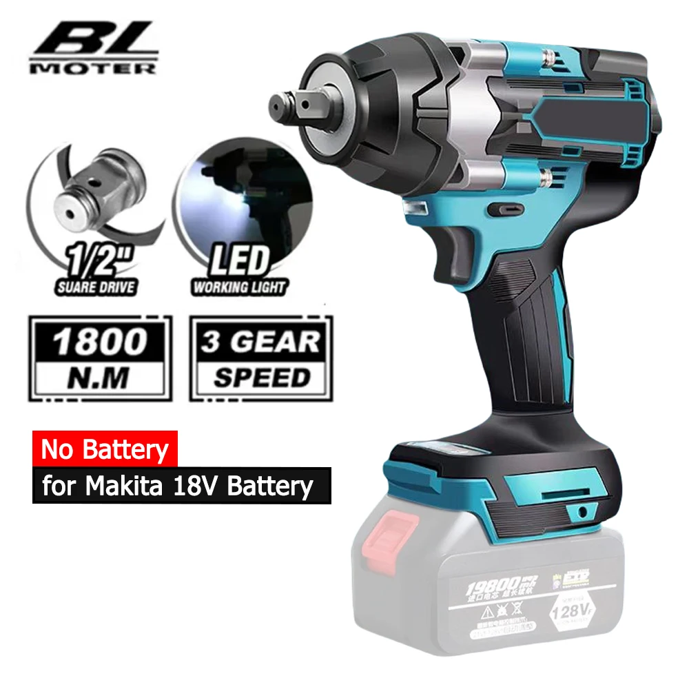 Brushless Electric Impact Wrench Compact 1800N.M Torque Removal Screw Nut Screwdriver Home Power Tools Fit Makita 18V Battery