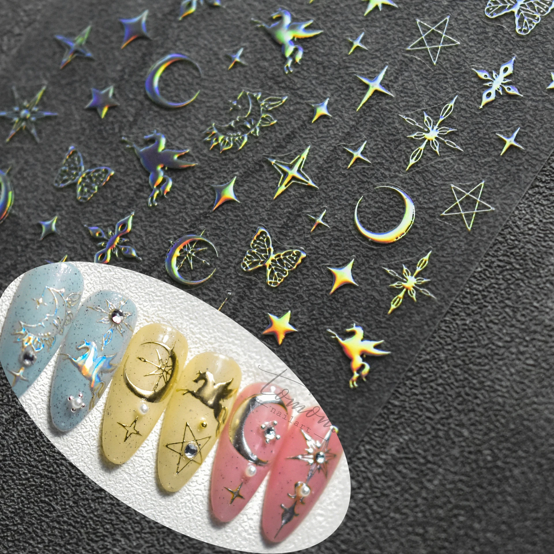 1 Sheet 5D Realistic Laser Silver Stamping Gold Heavenly Horse Starry Sky Starlight Adhesive Nail Art Stickers Manicure Decals