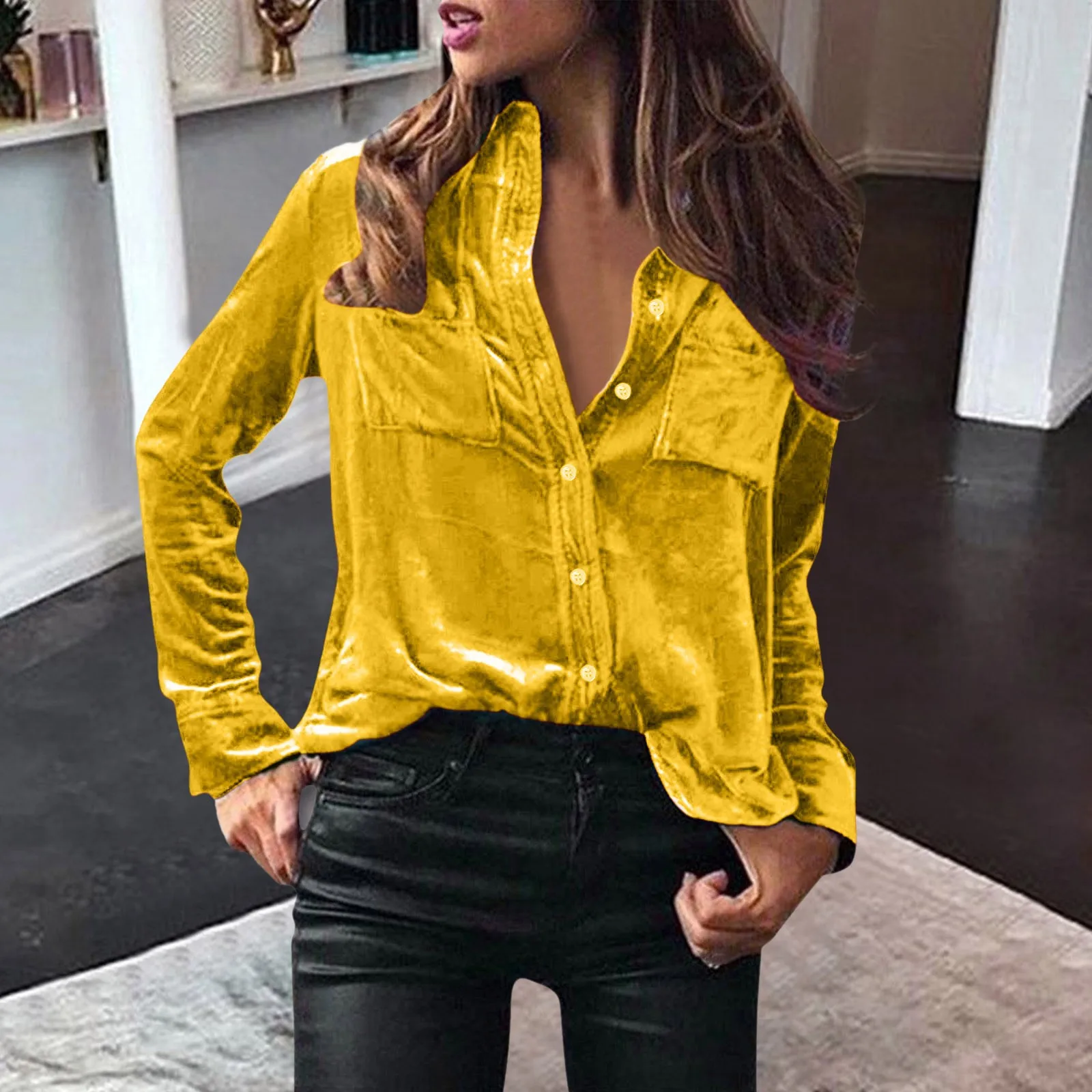 2023 New In Autumn Fashion Solid Velvet Shirt Women Solid Color Button Up Blouse Velvet Long Sleeve Casual Women Shirt Tops